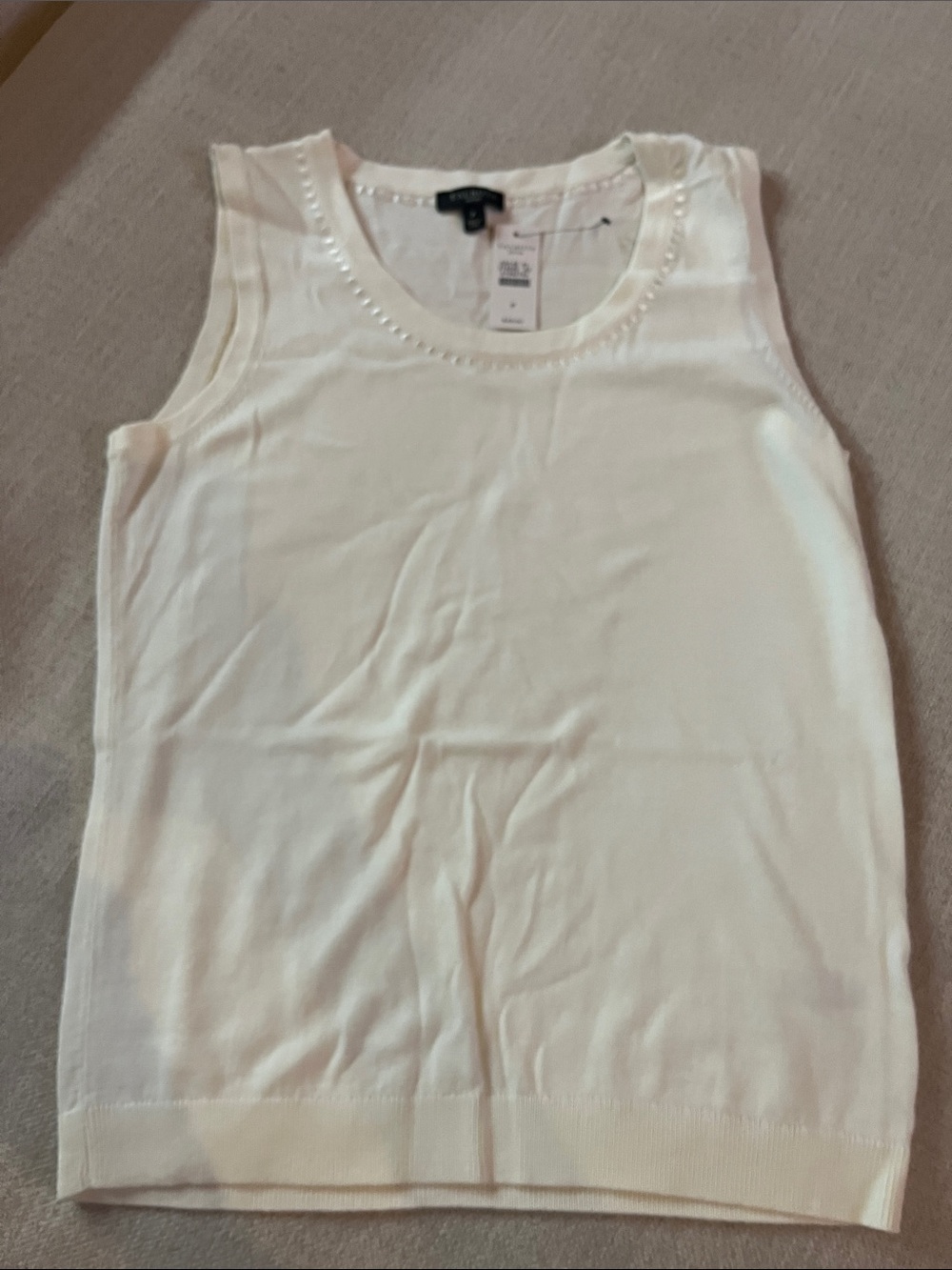 Talbots White Sleeveless Knit Tank with Pearl-Trim Neckline